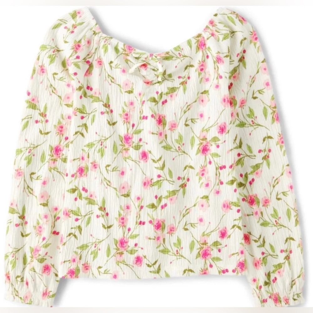 Girls Long Sleeve Floral Print Blouse With Elastic At Cuffs Scoop Neck Sz 14 NEW